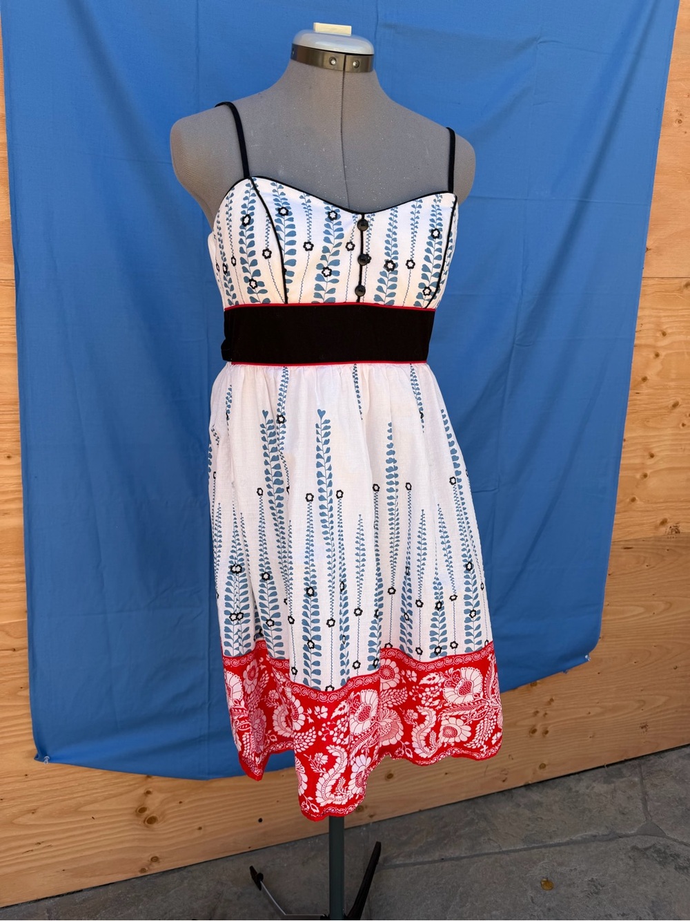 Teeze Me White Dress with Blue Vine Print, Red Hem & Black Waistband